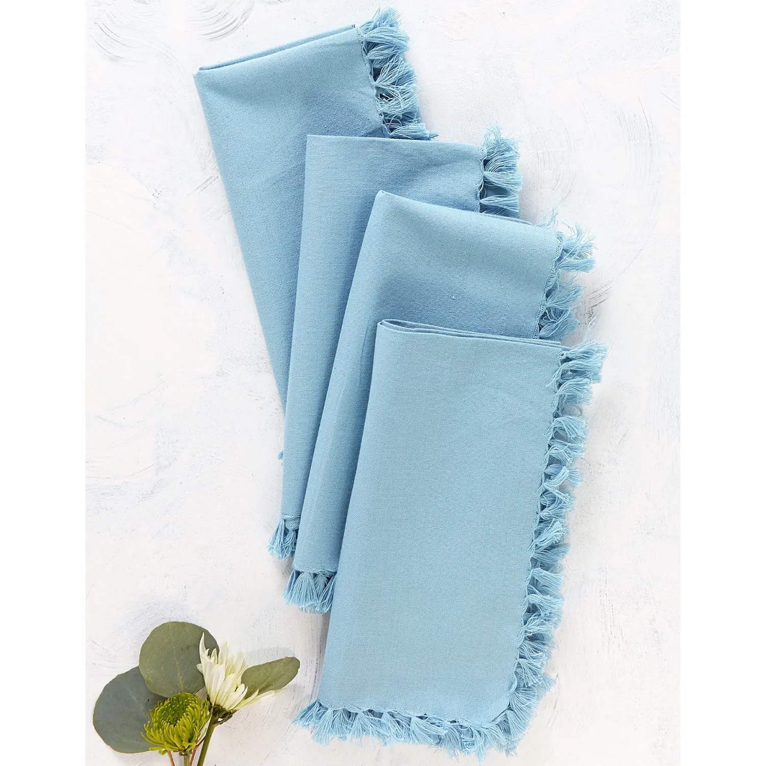 Cotton Fringed Napkins - Sky Blue - Set of 4