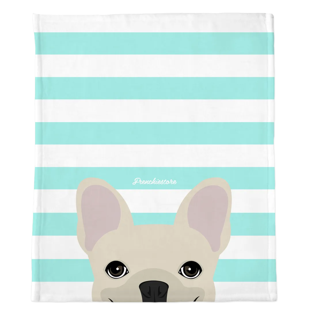 Cream French Bulldog on Aqua Stripes | Frenchie Blanket