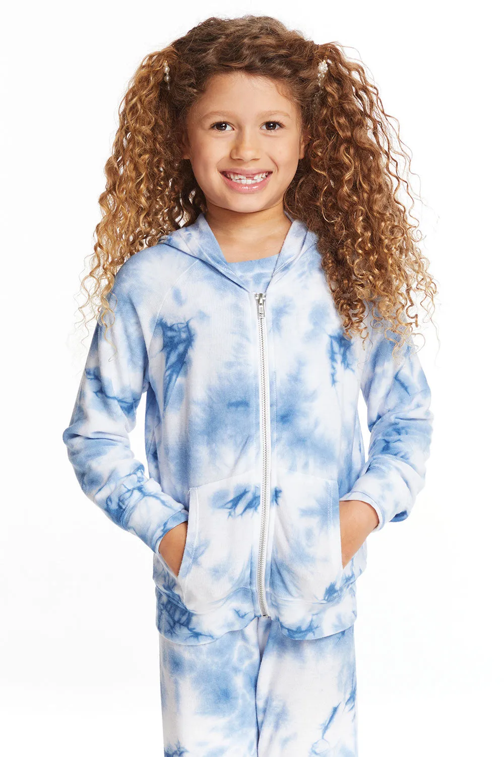 Denim Tie Dye Heart Girls Cozy Knit Hoodie