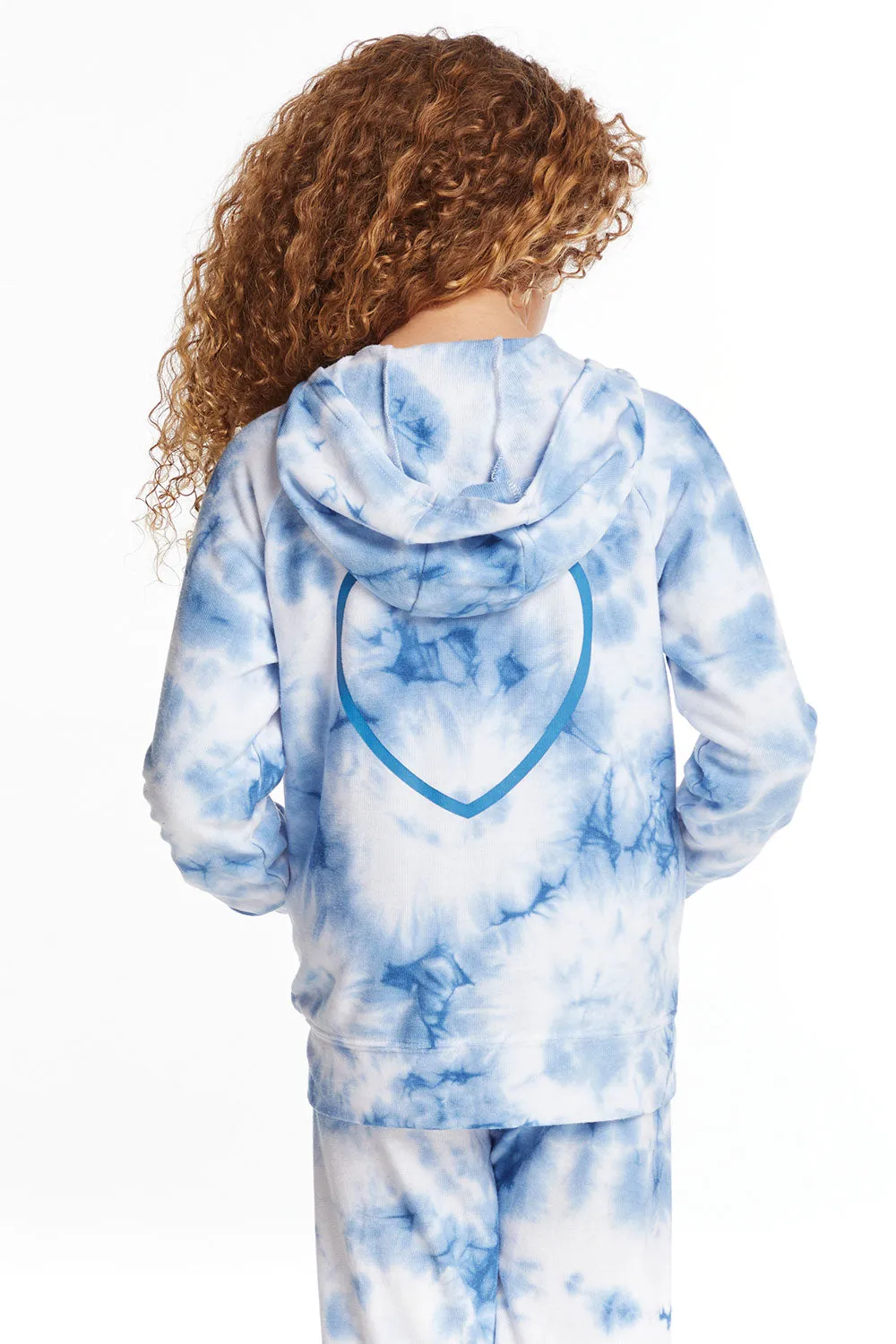 Denim Tie Dye Heart Girls Cozy Knit Hoodie