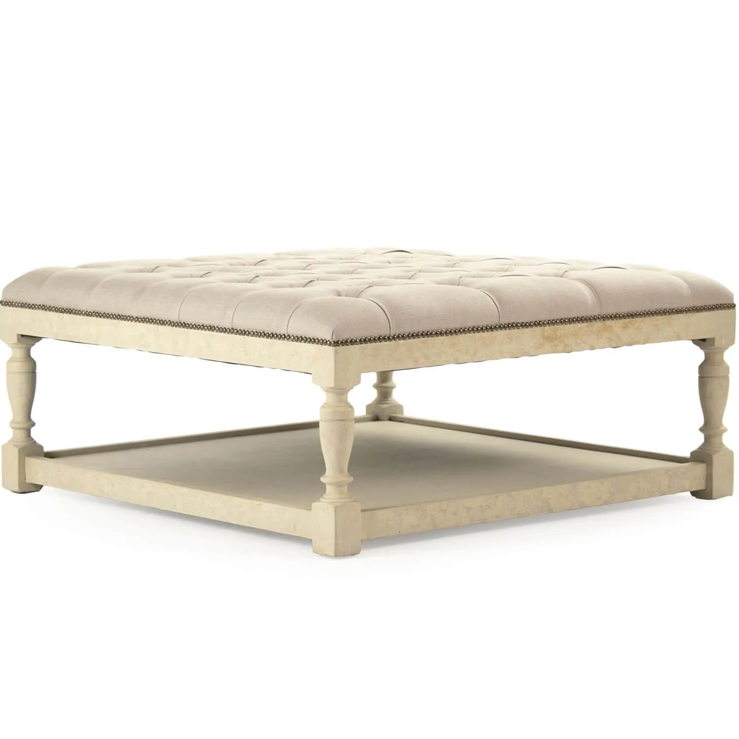 Distressed Off White Square Tufted Ottoman