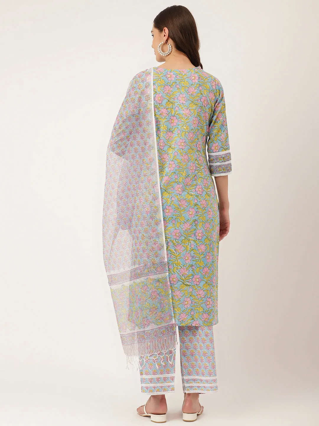 Divena Blue Hand-Block Floral Print Cotton  Kurta, Trouser & Dupatta