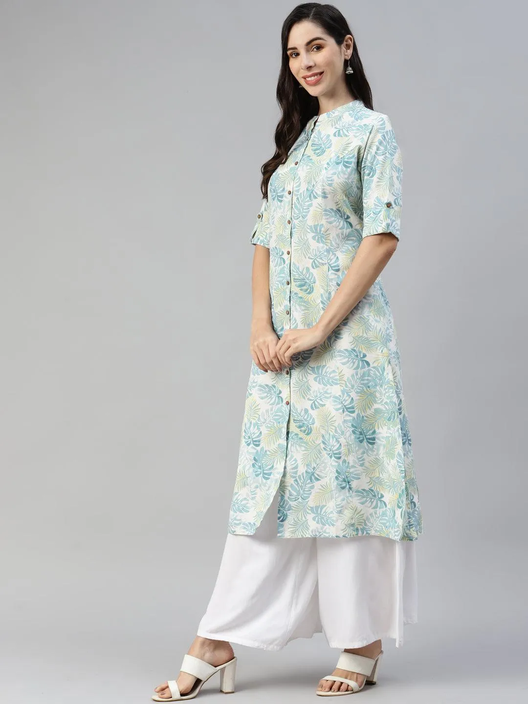 Divena Divena White Floral Printed Cotton Flex A-line Kurta