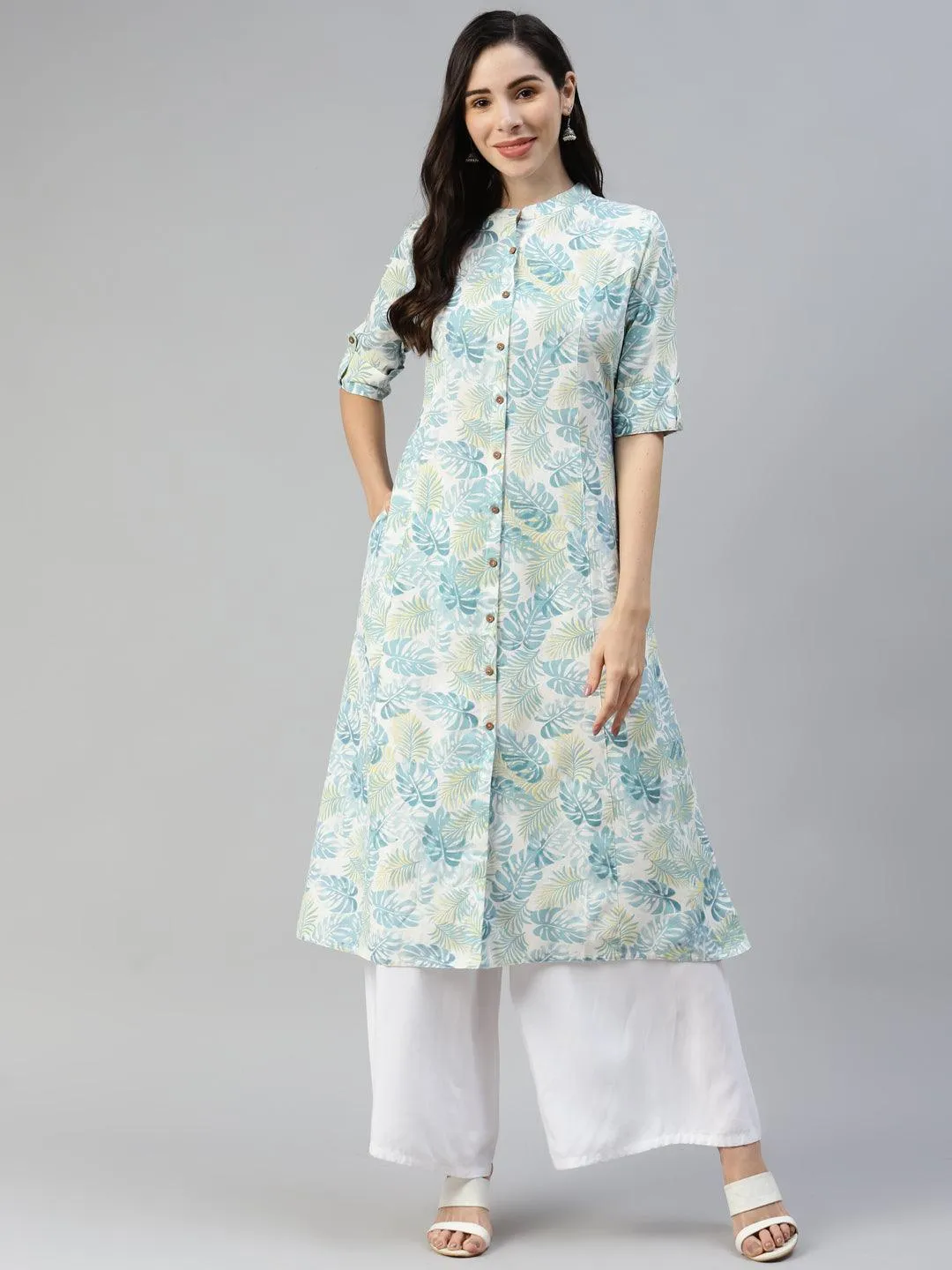 Divena Divena White Floral Printed Cotton Flex A-line Kurta