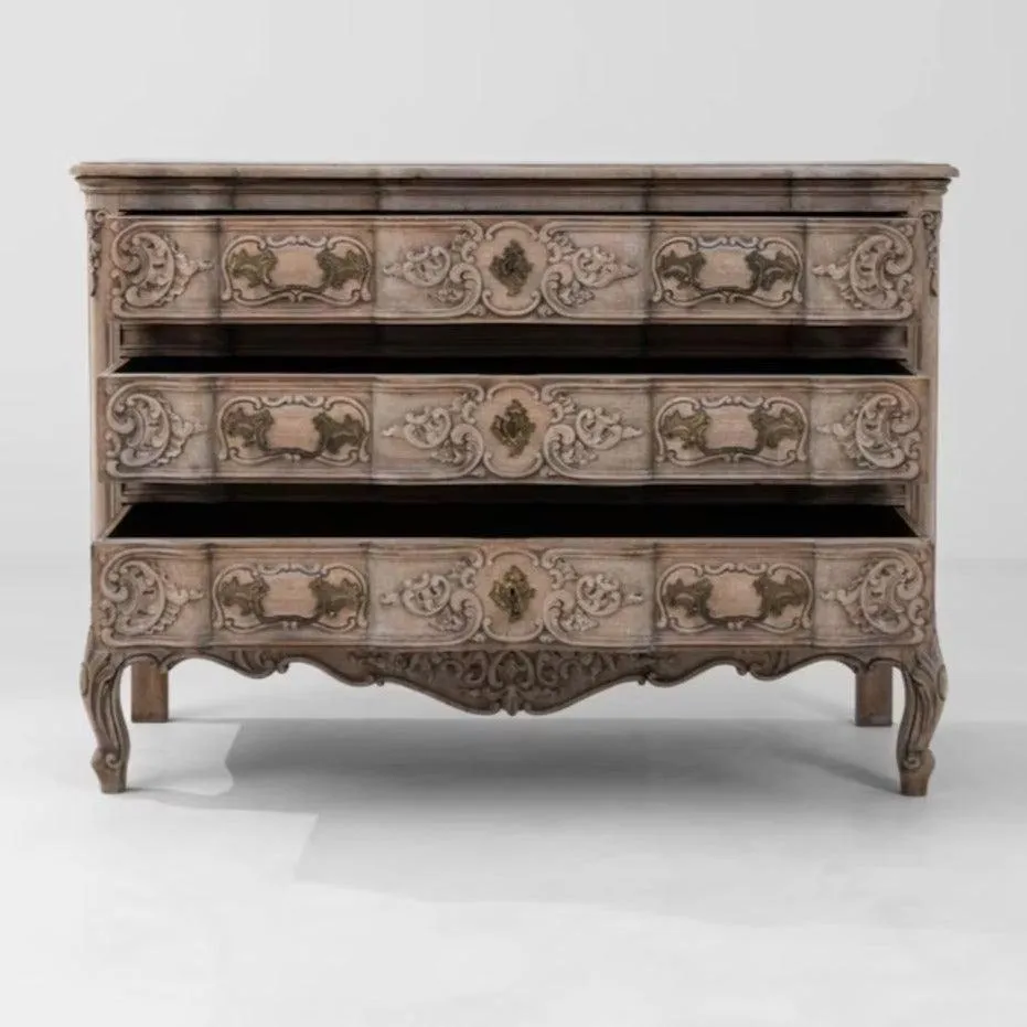 French Antique Ornate Bleached Oak Chest Of Drawers, Circa 1920