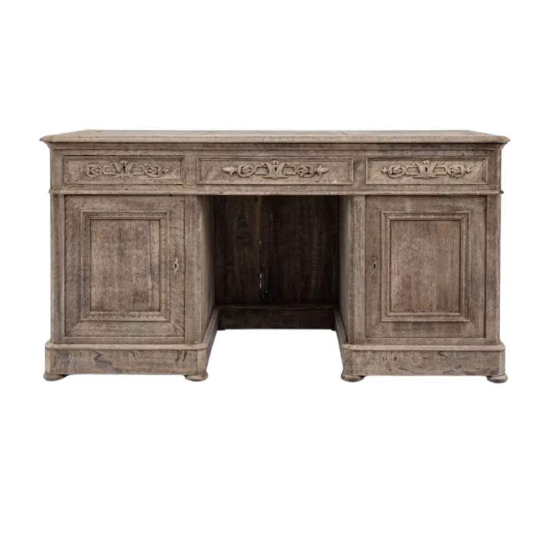 French Antique Ornate Bleached Oak Desk, Circa 1850