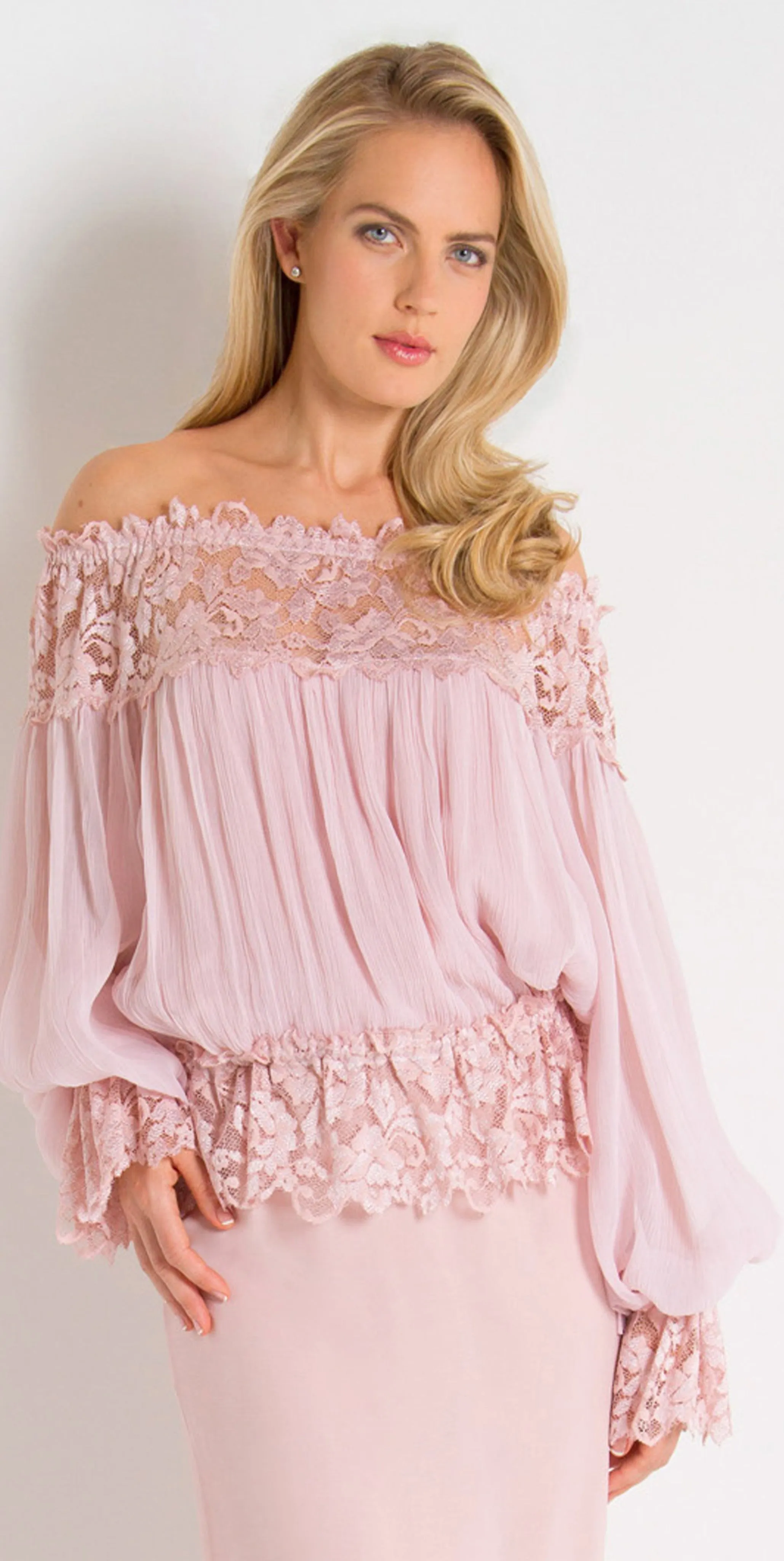 French Lace and Silk Plisse Off Shoulder Top - B616