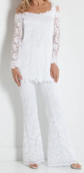 Elegant French Rose Lace Cold Shoulder Top and Bell Bottom Pants Set