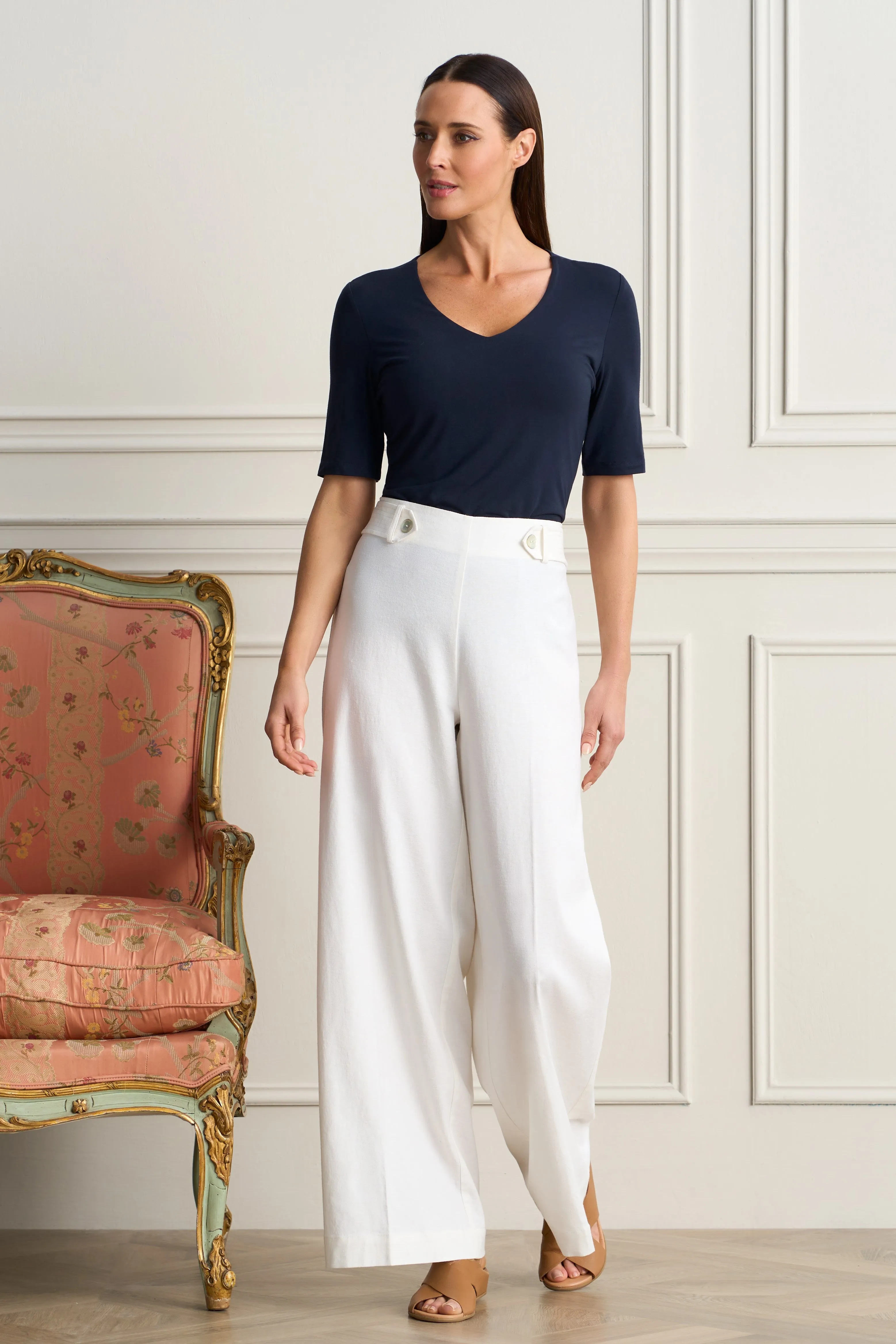 Full Length Waist Tab Linen Pant - White