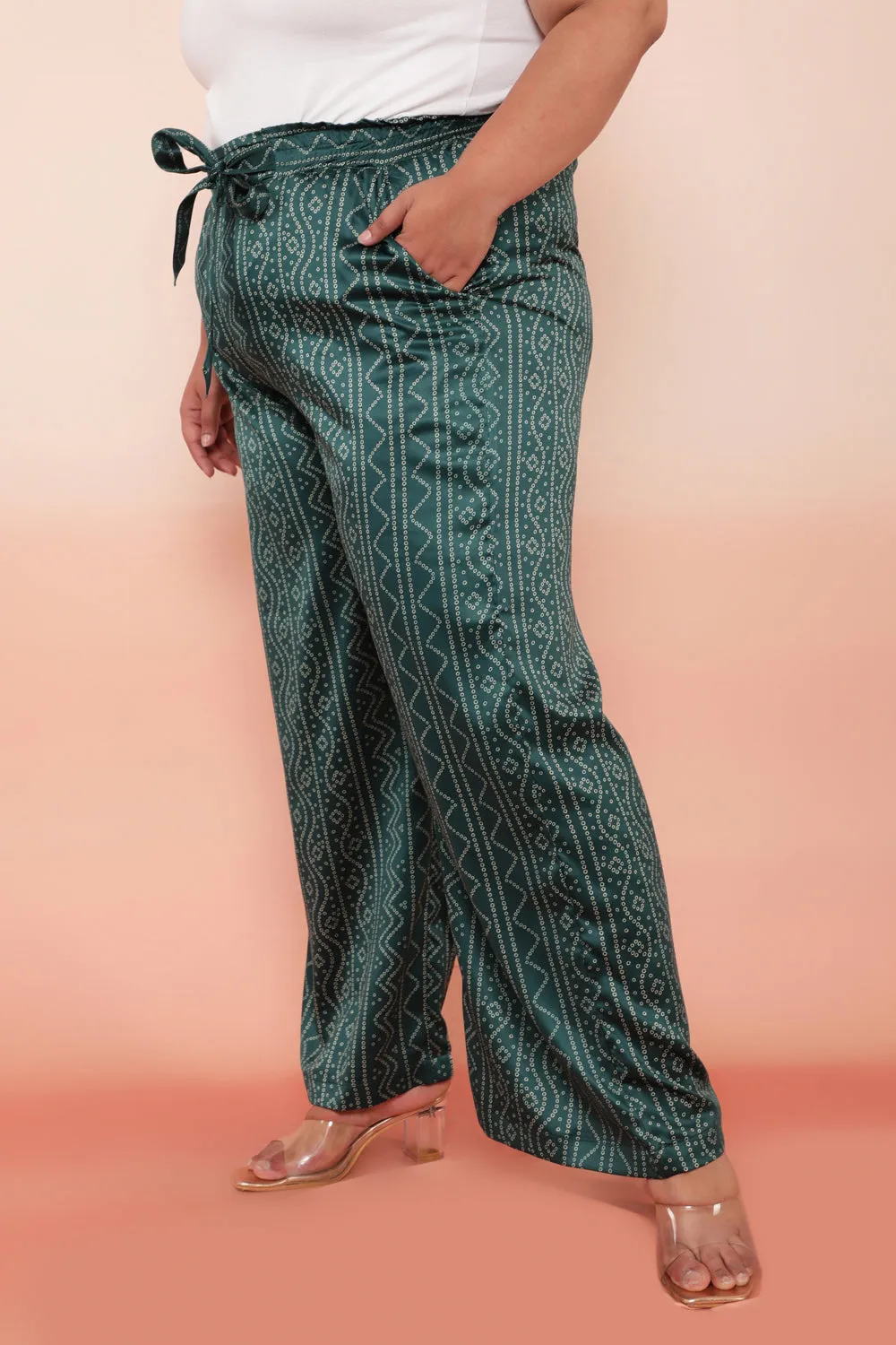 Green Bandhej Inspired High Waist Satin Pants