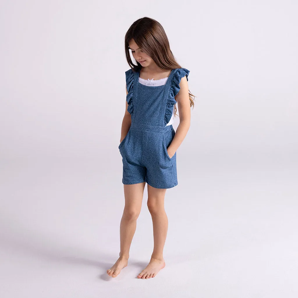 Indigo Denim French Terry Short Overalls