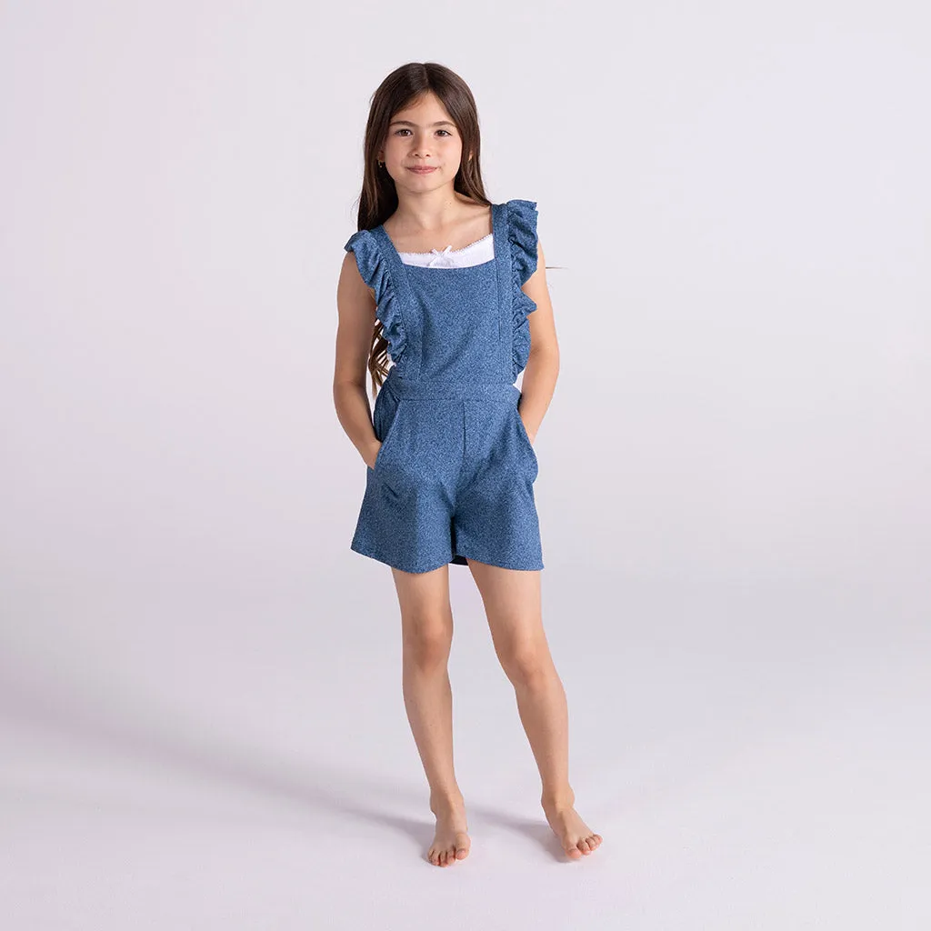 Indigo Denim French Terry Short Overalls