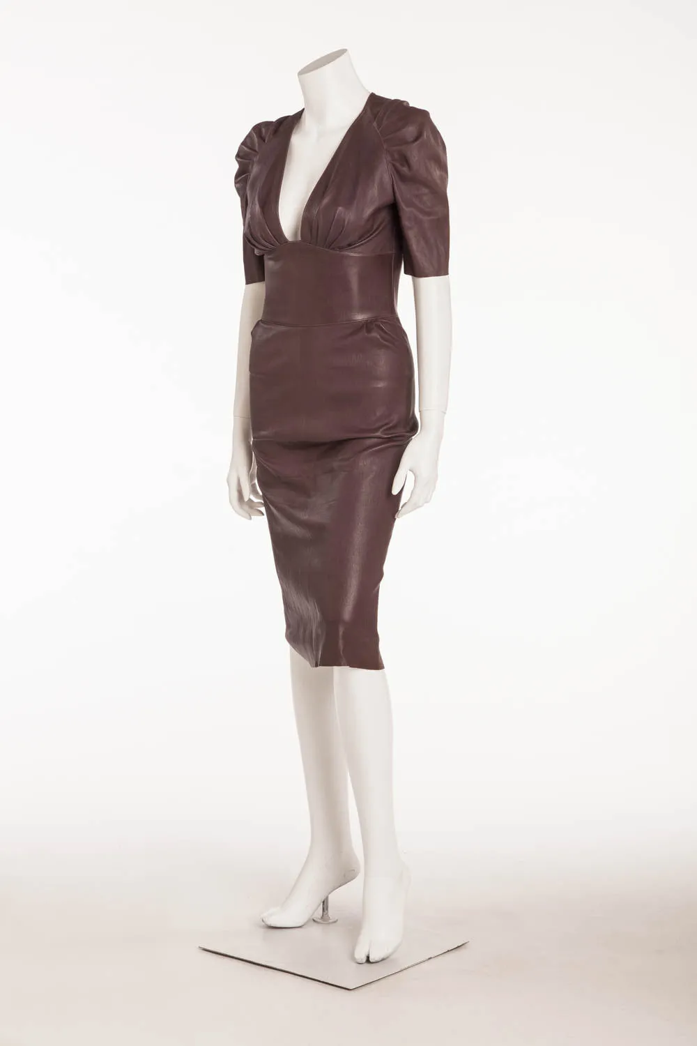 JItrois - "Monceau" -Burgundy Fitted Short Sleeve Leather Stretch Lambskin Dress - FR 38