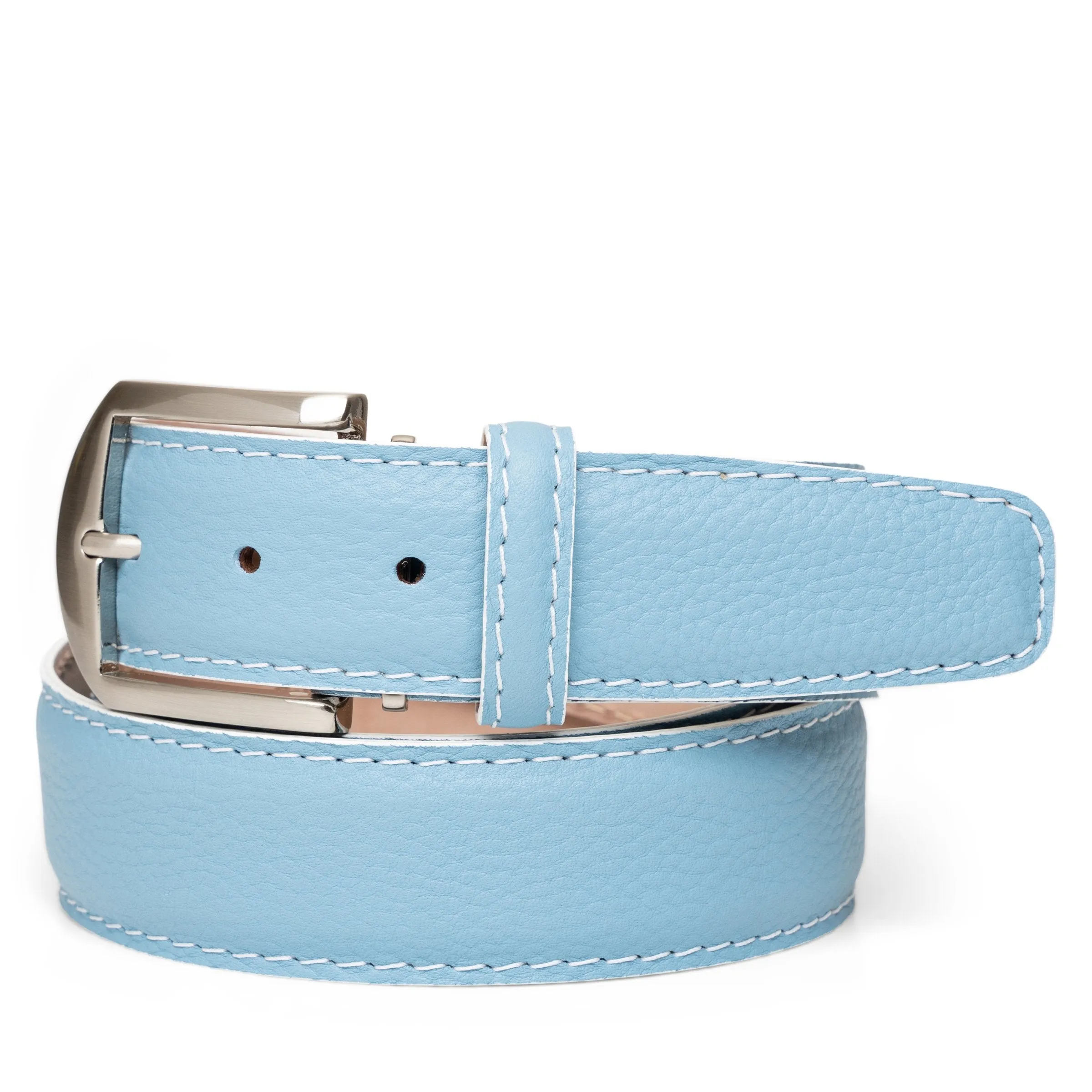 LEN Belt French Pebble Grain Fresh Blue w/ White Edge & Border Stitch STK