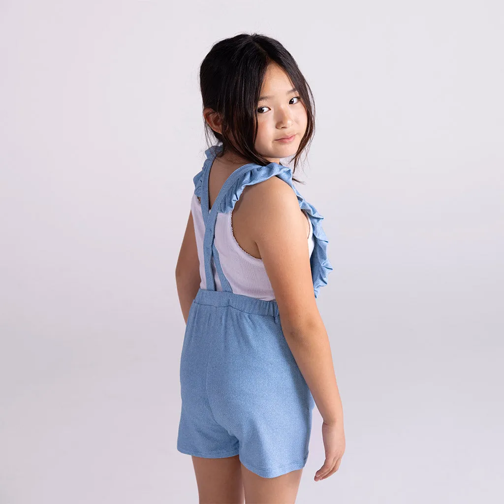 Light Blue Denim French Terry Short Overalls