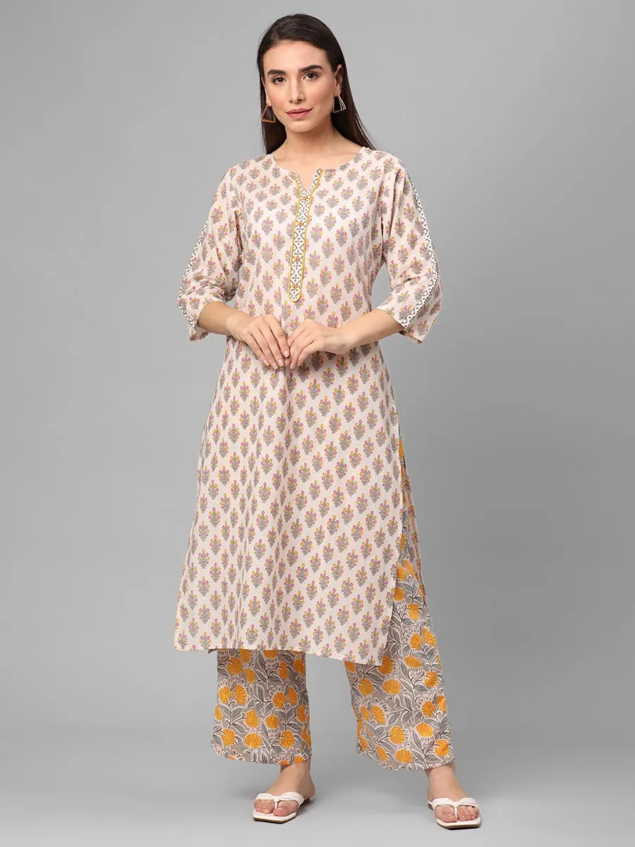 Off White Floral Printed Kurta With Comfort Pant