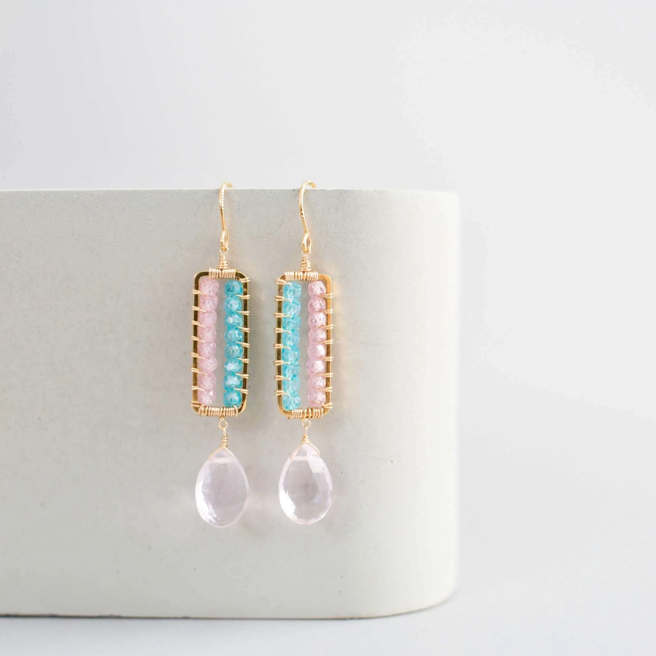 Pink Clear Quartz Wire-Wrapped Parallel Earrings