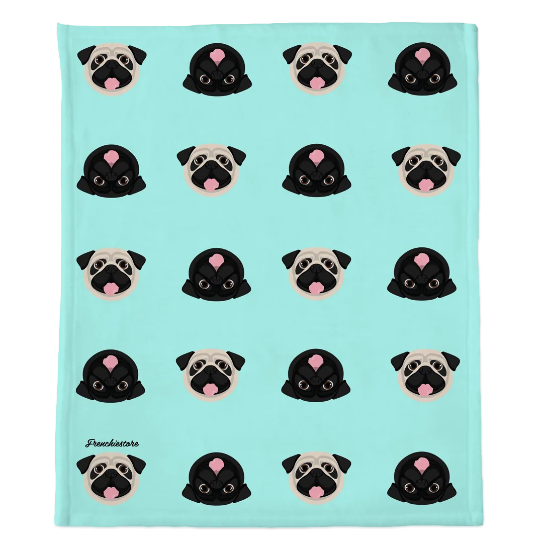 Pug Blanket | Different Pug dogs on Aqua