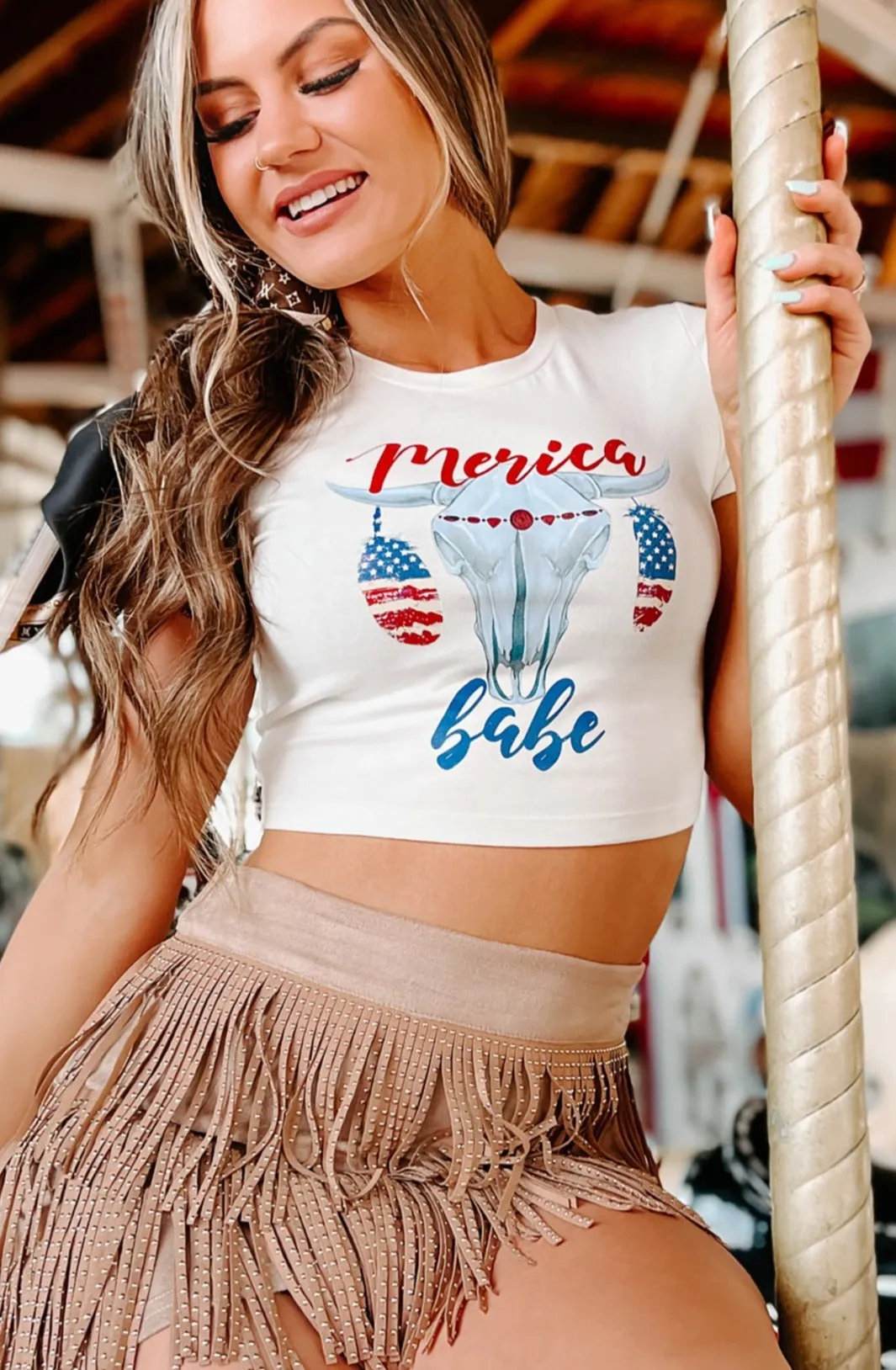 "Merica Babe" Cropped Graphic Tee (French Vanilla) - Print On Demand