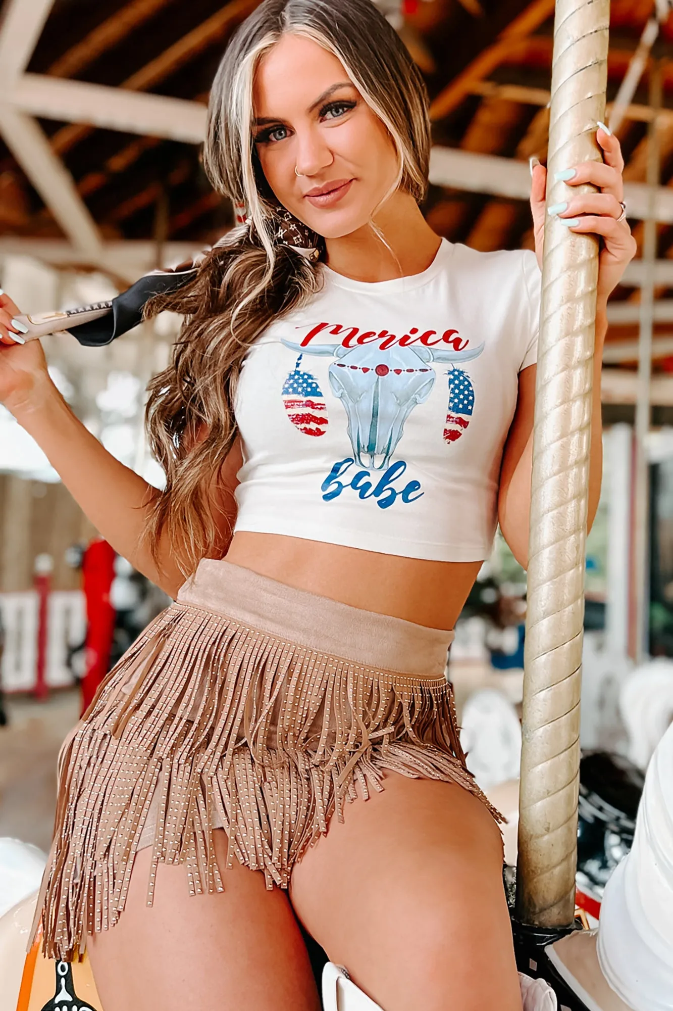 "Merica Babe" Cropped Graphic Tee (French Vanilla) - Print On Demand