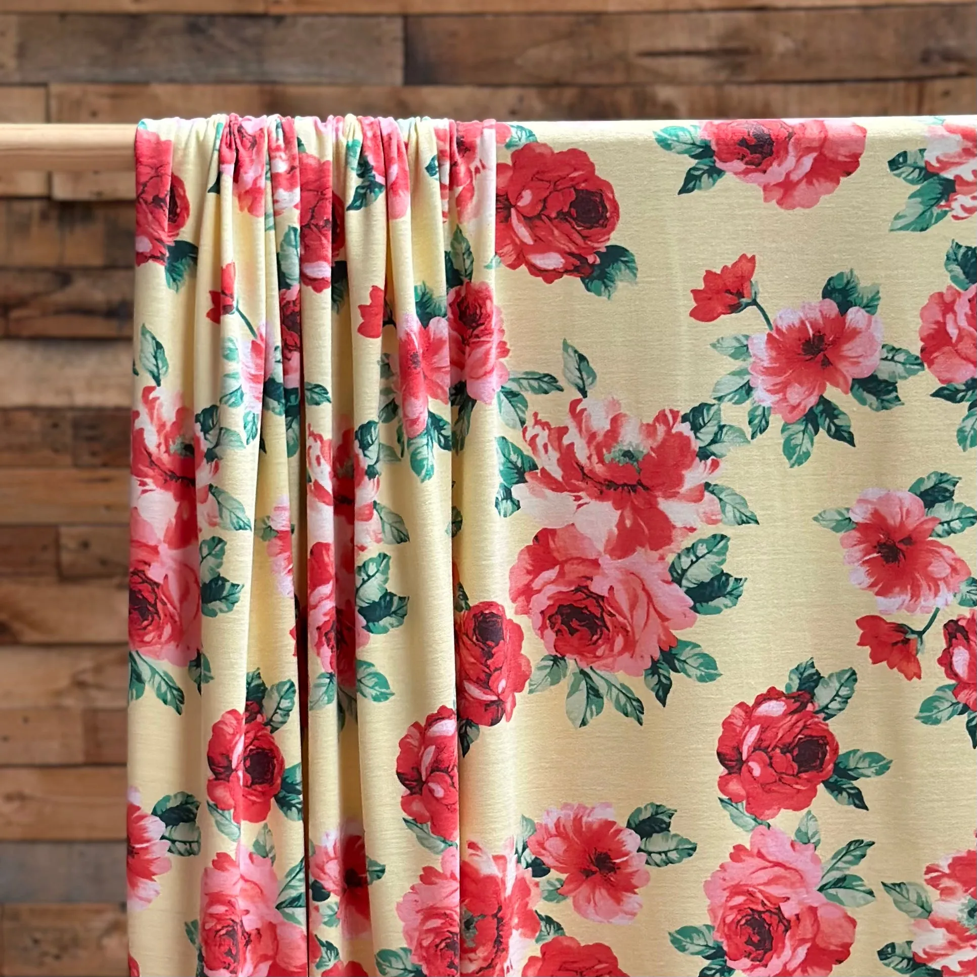 Red Roses on Yellow Poly Rayon Spandex French Terry.