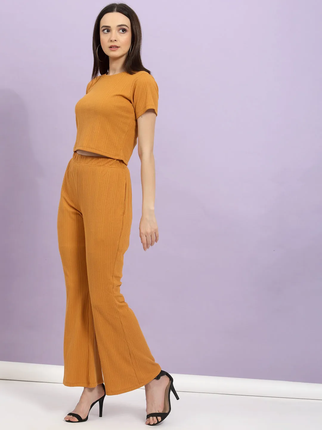 Self Textured Crop Top & Bell Bottoms With Pockets Co-Ord Set