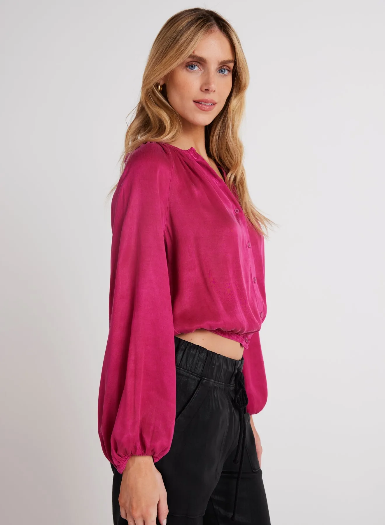 Shirred Button Front Blouse - Fuchsia Berry