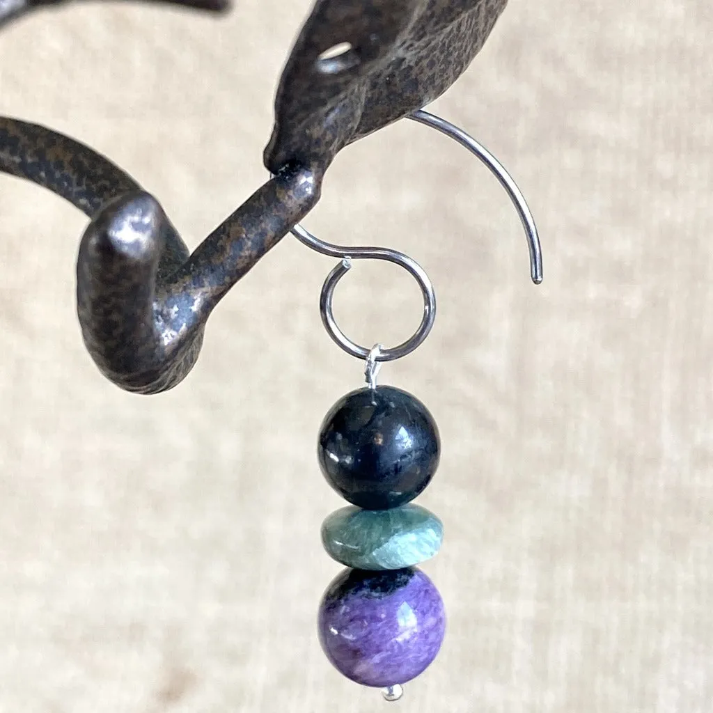 Shungite, Seraphinite, Charoite Earrings Silver, Russian Trio