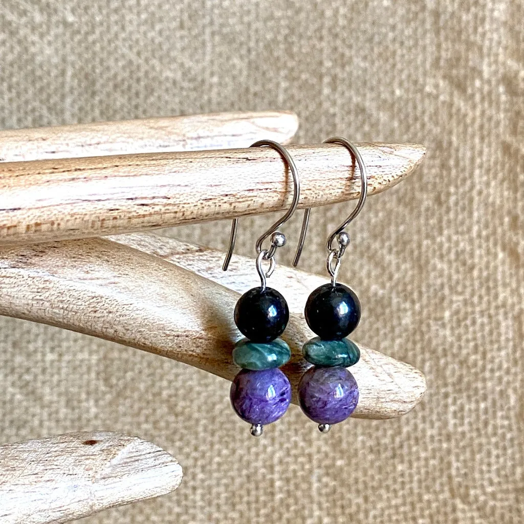 Shungite, Seraphinite, Charoite Earrings Silver, Russian Trio