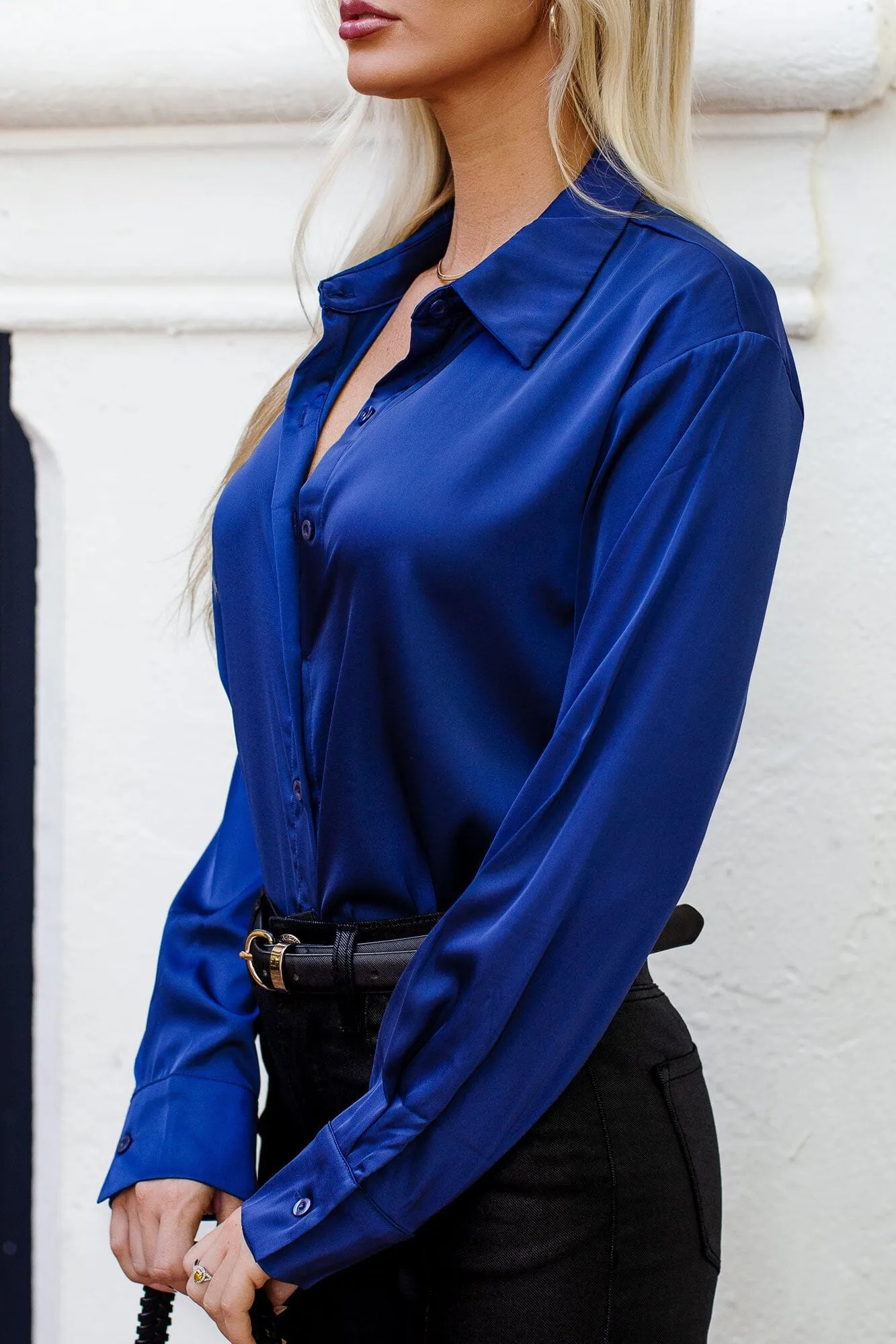 Venna Navy Satin Button Down Top