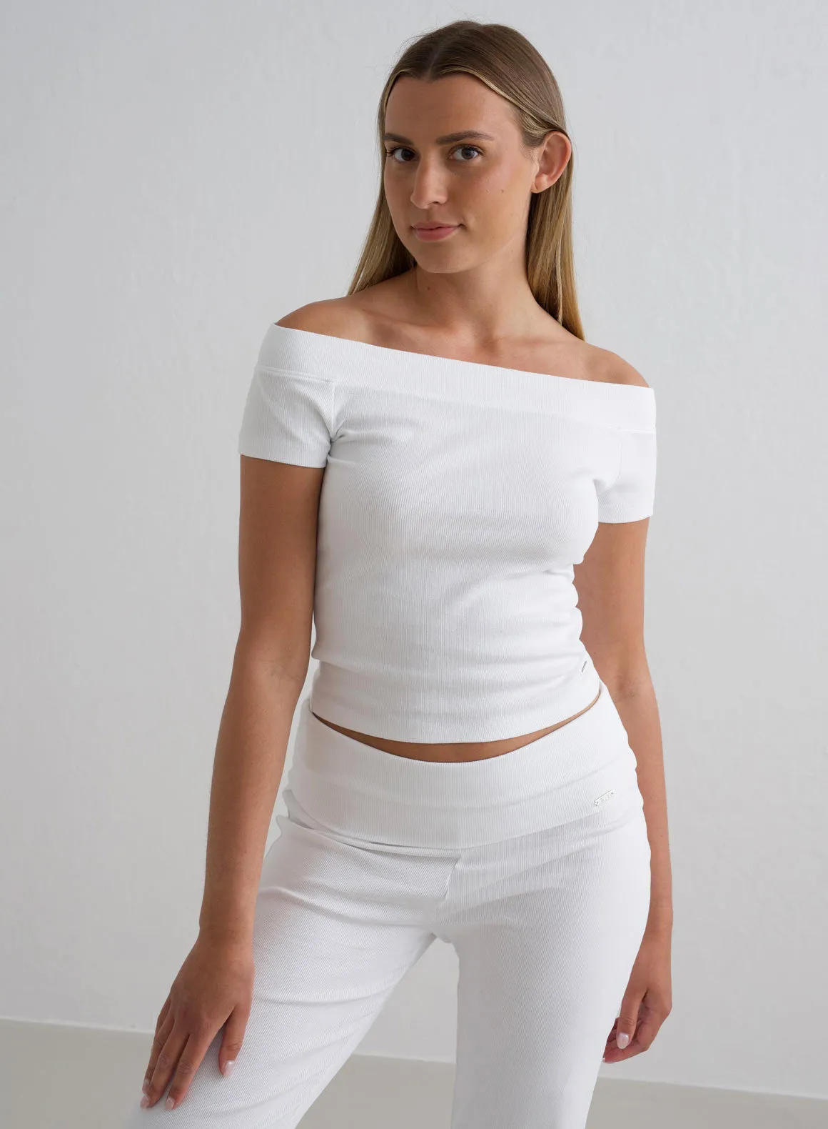 White Ease Ribbed Off-shoulder Top