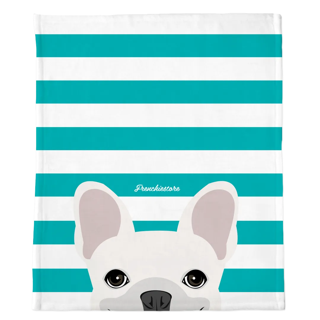 White French Bulldog on Teal Stripes | Frenchie Blanket