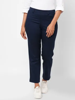 Women's Navy Cotton Lycra Regular Fit Pant