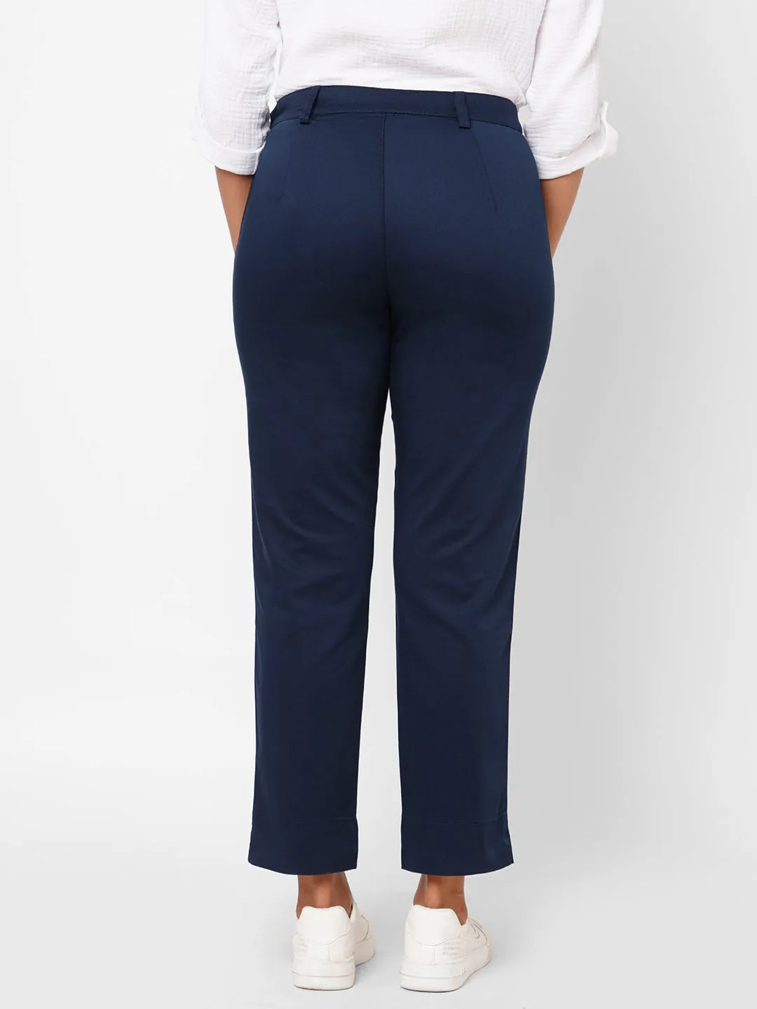 Women's Navy Cotton Lycra Regular Fit Pant