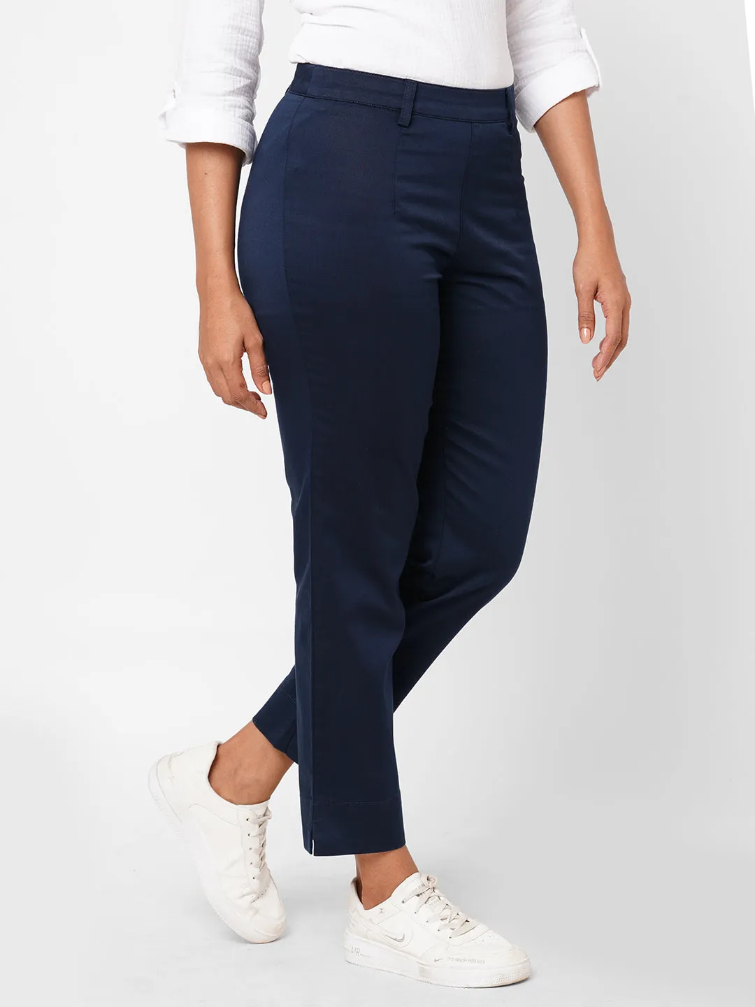 Women's Navy Cotton Lycra Regular Fit Pant